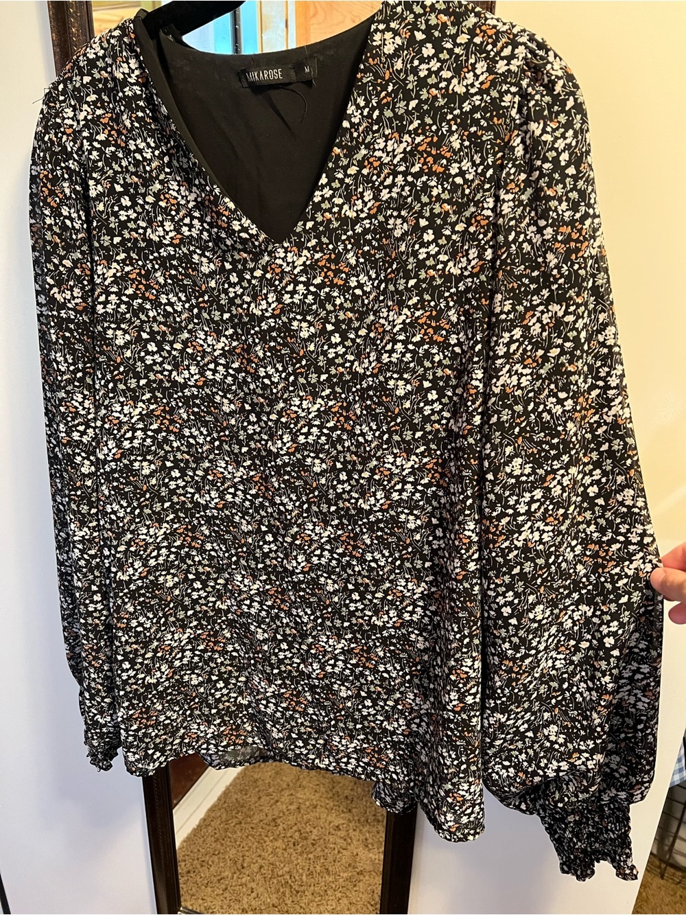 MikaRose Black Floral V-Neck Blouse